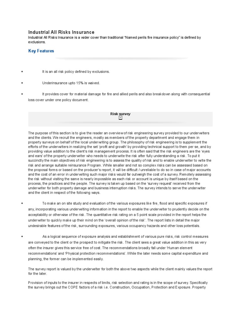 Industrial All Risks Insurance Overview | PDF | Underwriting | Insurance