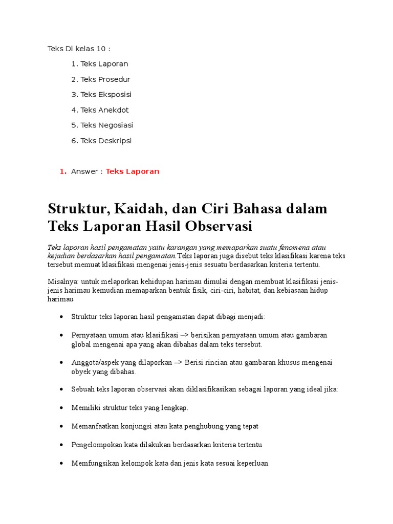 Struktur, Kaidah, dan Ciri Bahasa dalam Teks Laporan Hasil Observasi