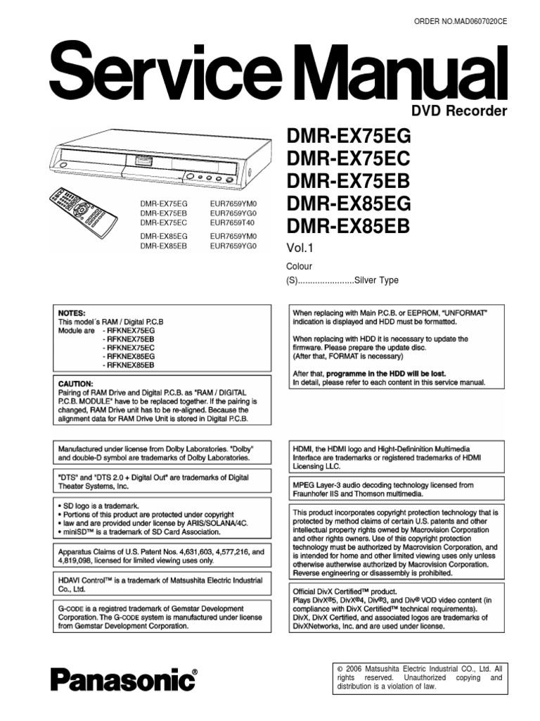 Panasonic DMR-E75, DMR-EX85 DVD Recorder | PDF | Electrostatic.