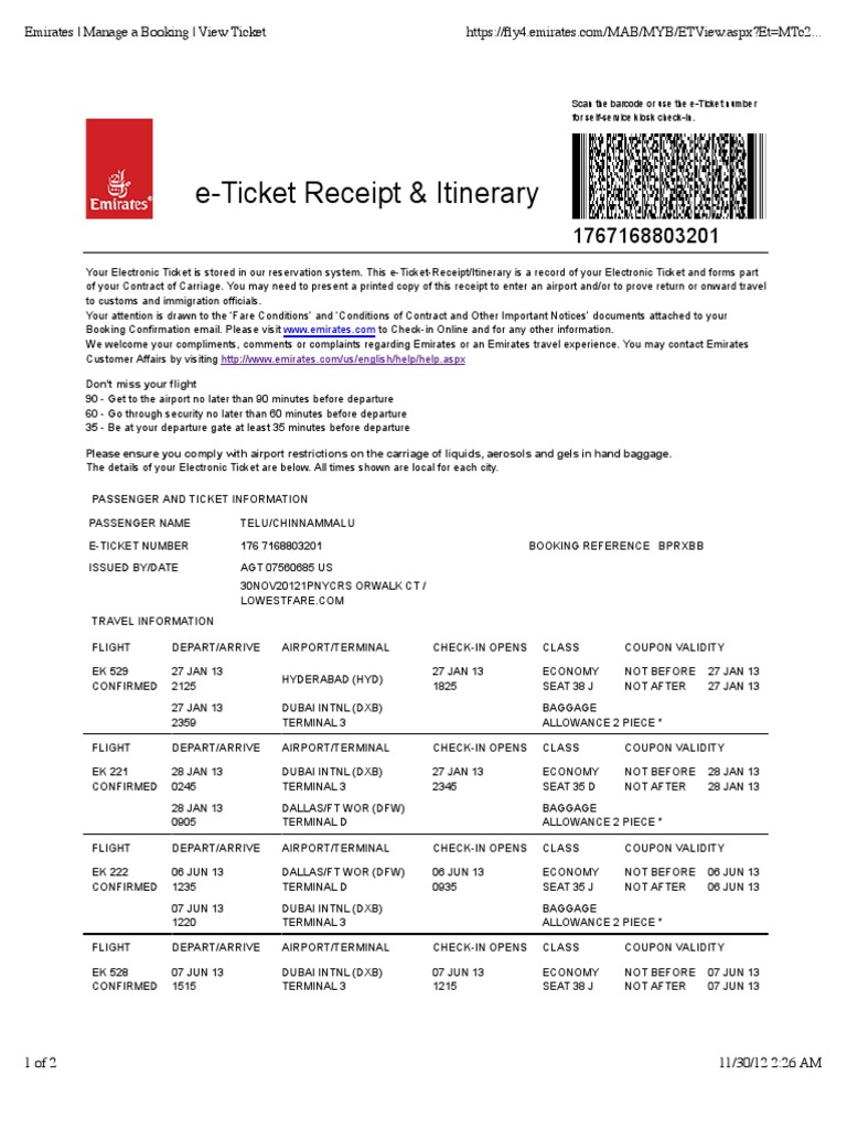 eTicket Receipt & Itinerary Emirates Manage a Booking