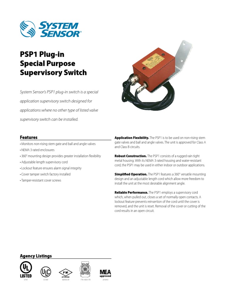 System Sensor PSP1 Data Sheet | PDF | Switch | Electrical Wiring
