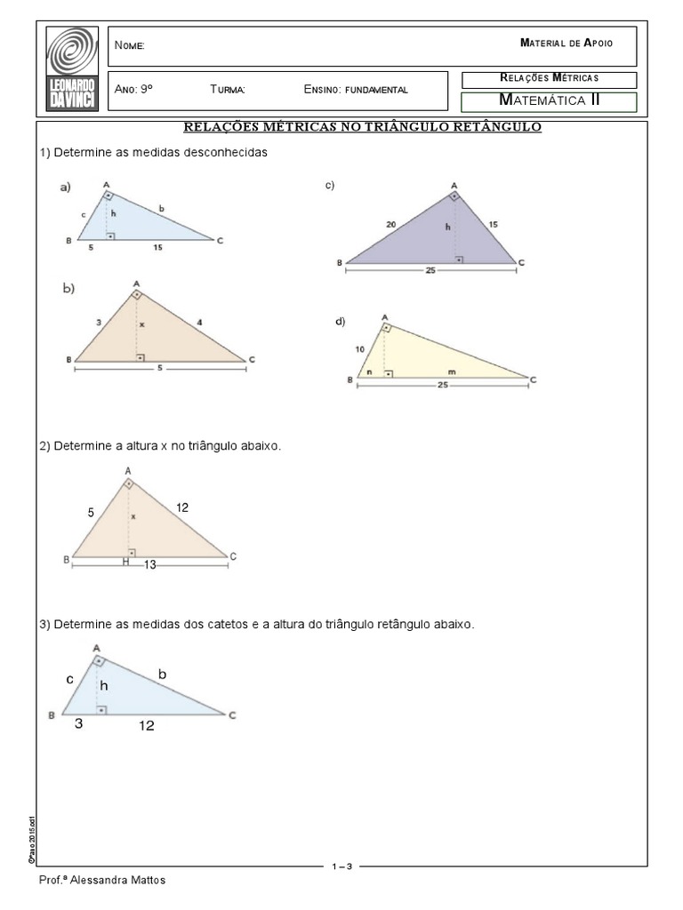 Exercícios de Relações Métricas 9º Ano | PDF
