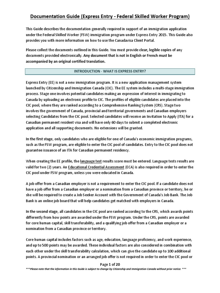 Documentation GuideFSWExpress Entry (English) PDF Passport