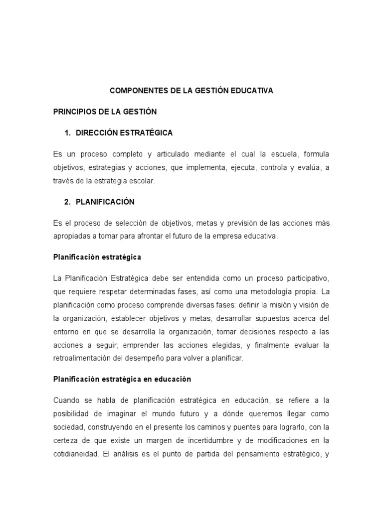 Componentes de La Gestión Educativa Resumen | PDF | Planificación ...