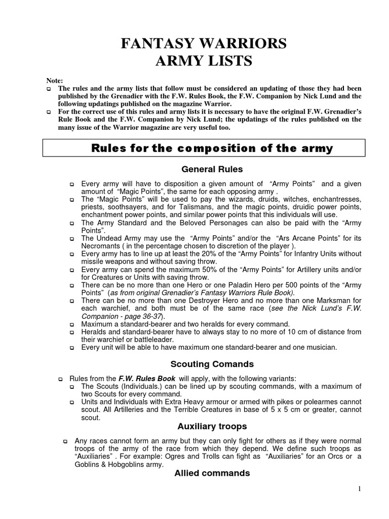 (Nick Lund - Grenadier) Fantasy Warriors Special Rules | PDF ...