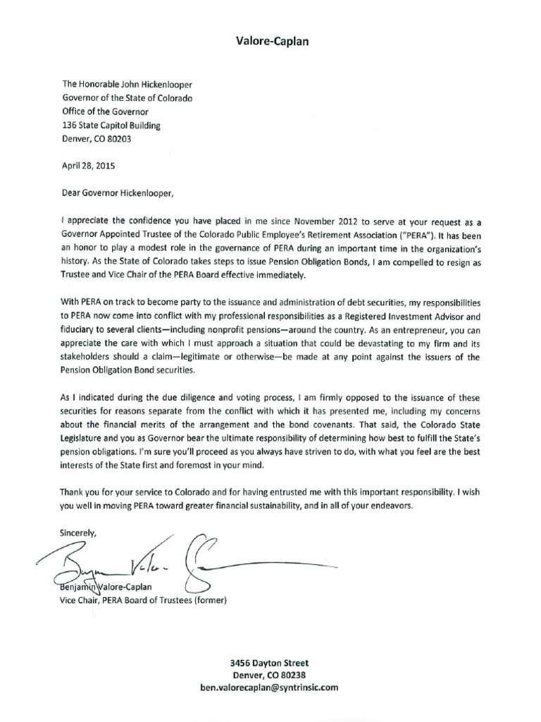 Vice chair of the PERA board Resignation Letter