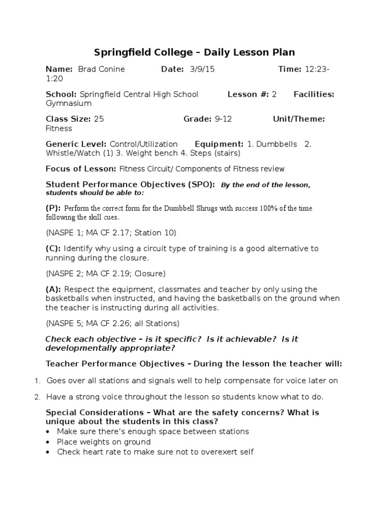 Springfield College Fitness Circuit Plan | PDF | Teaching And Learning ...