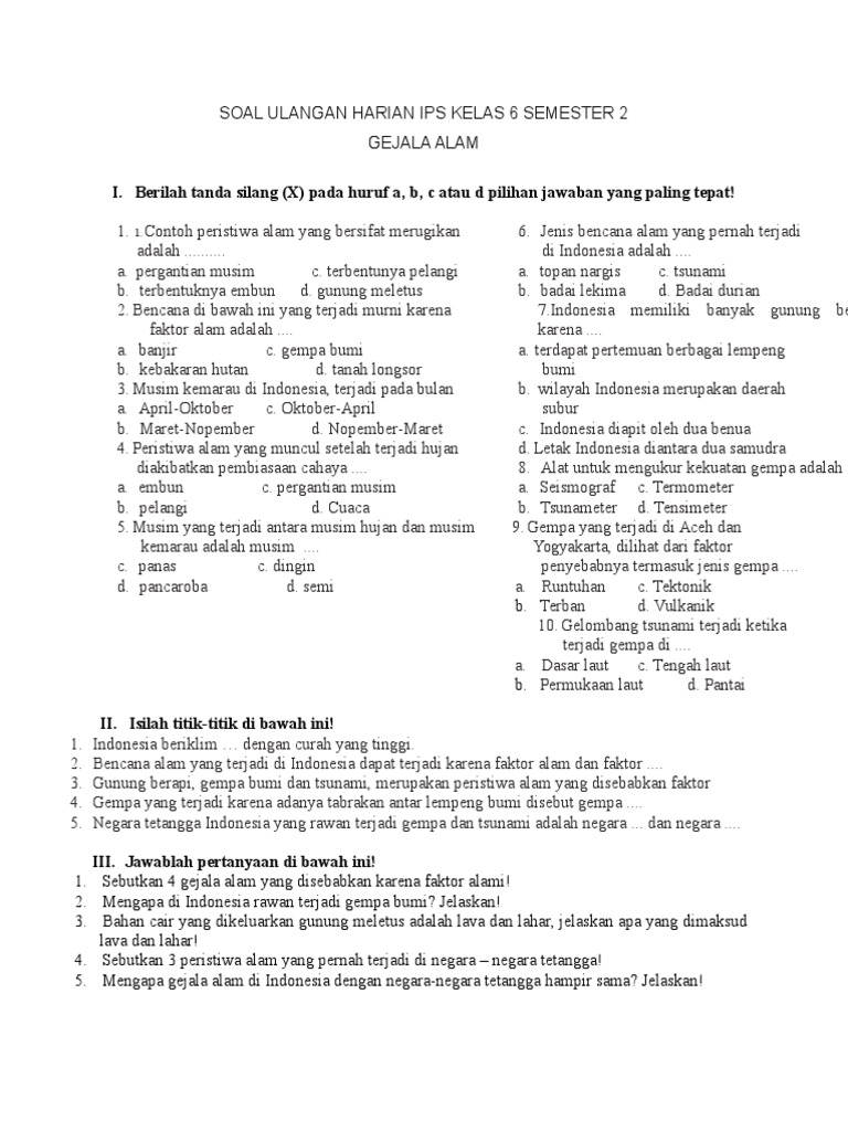 Soal Ulangan Harian Ips Kelas 6 Semester 2