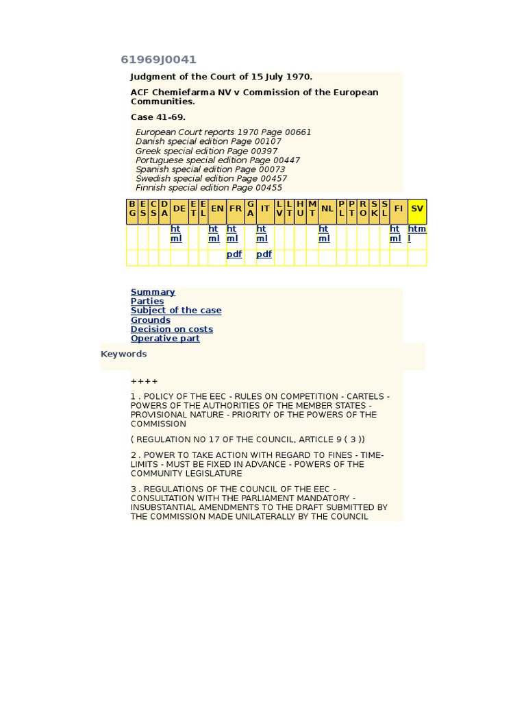 EEC Competition Rules: ACF Chemiefarma Case | PDF | European Union | Treaty