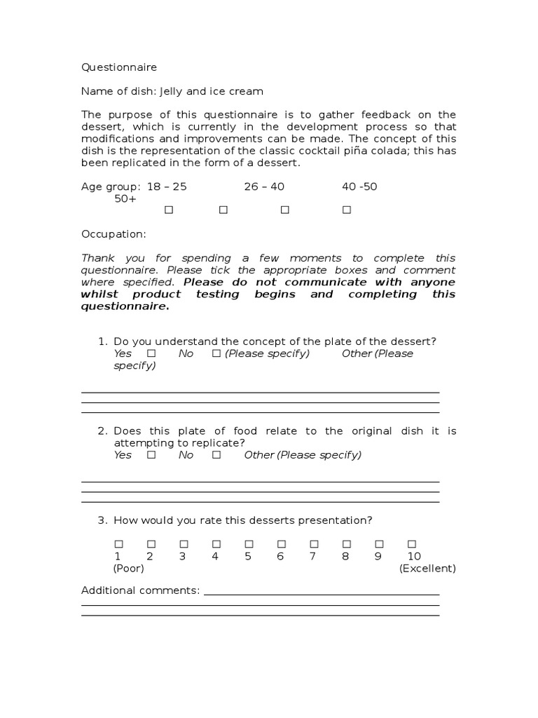 Jelly and Ice Cream Questionnaire PDF