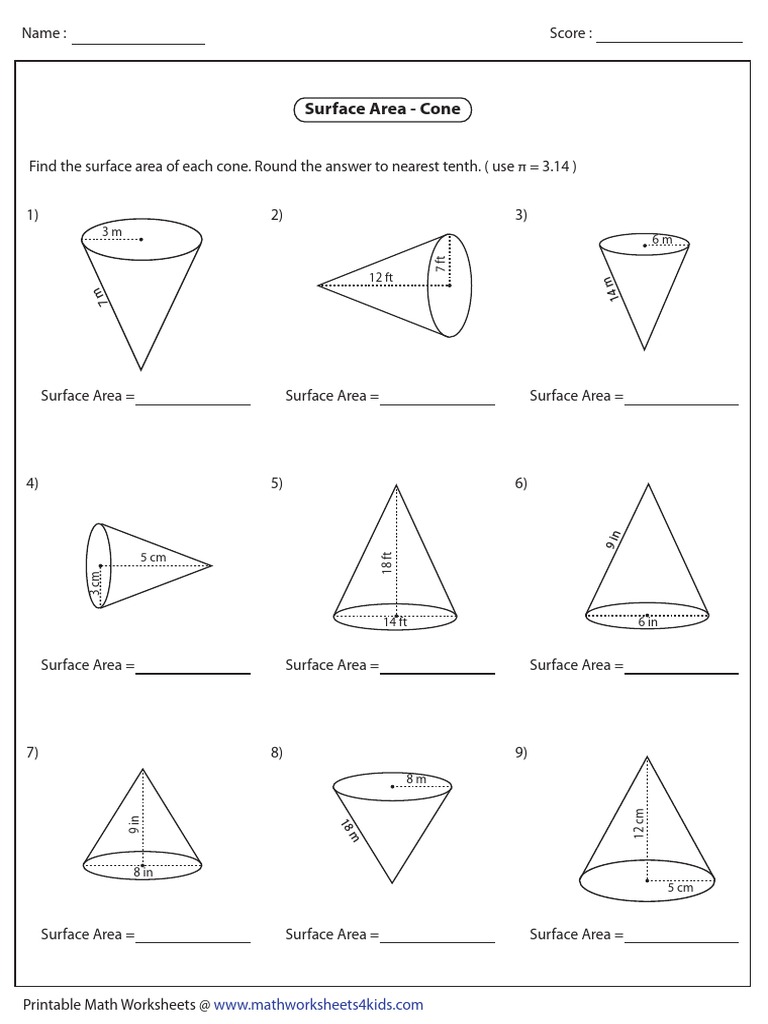 Surface Area of Cone Worksheet | PDF