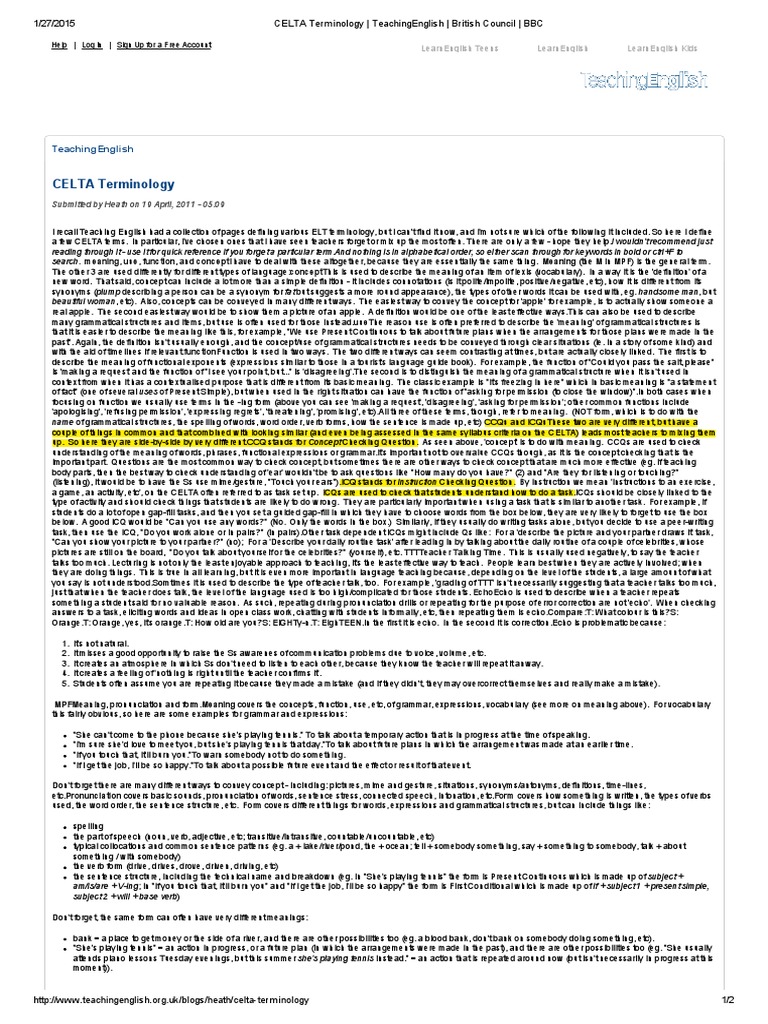 Celta Terminology Guide Pdf Verb Sentence Linguistics