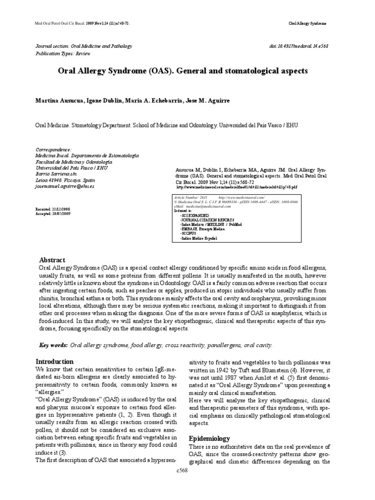 Oral Allergy Syndrome (OAS) - General and Stomatological Aspects | PDF