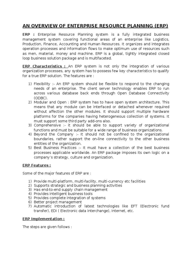 An Overview of Enterprise Resource Planning (Erp) | PDF