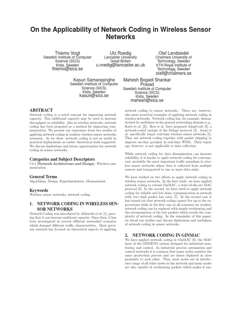 Network Coding in Wireless Sensor Networks | PDF | Forward Error ...