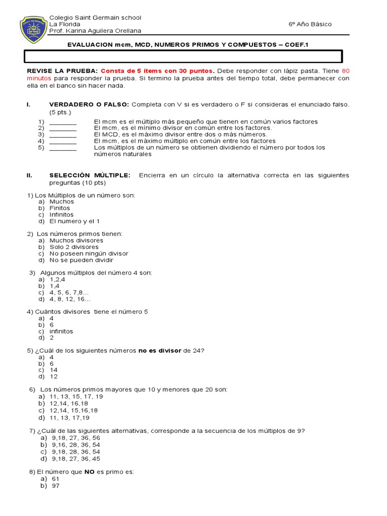 Evaluación de MCM y MCD 2º ESO | PDF