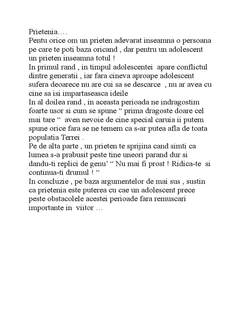 Text argumentativ despre prietenie
