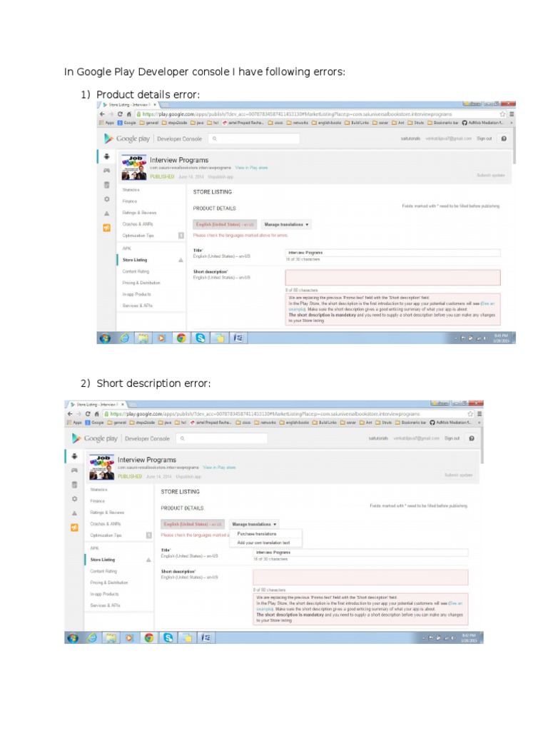 In Google Play Developer Console I Have Following Errors: 1) Product ...