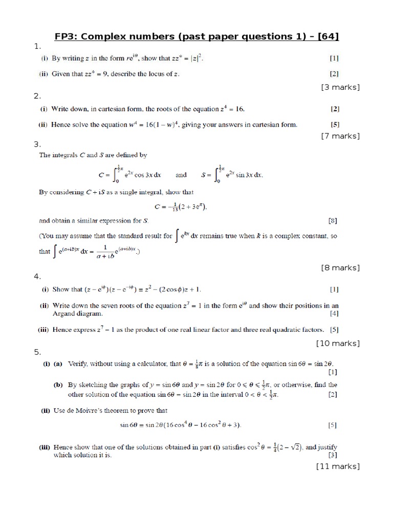 FP3: Complex Numbers (Past Paper Questions 1) | PDF