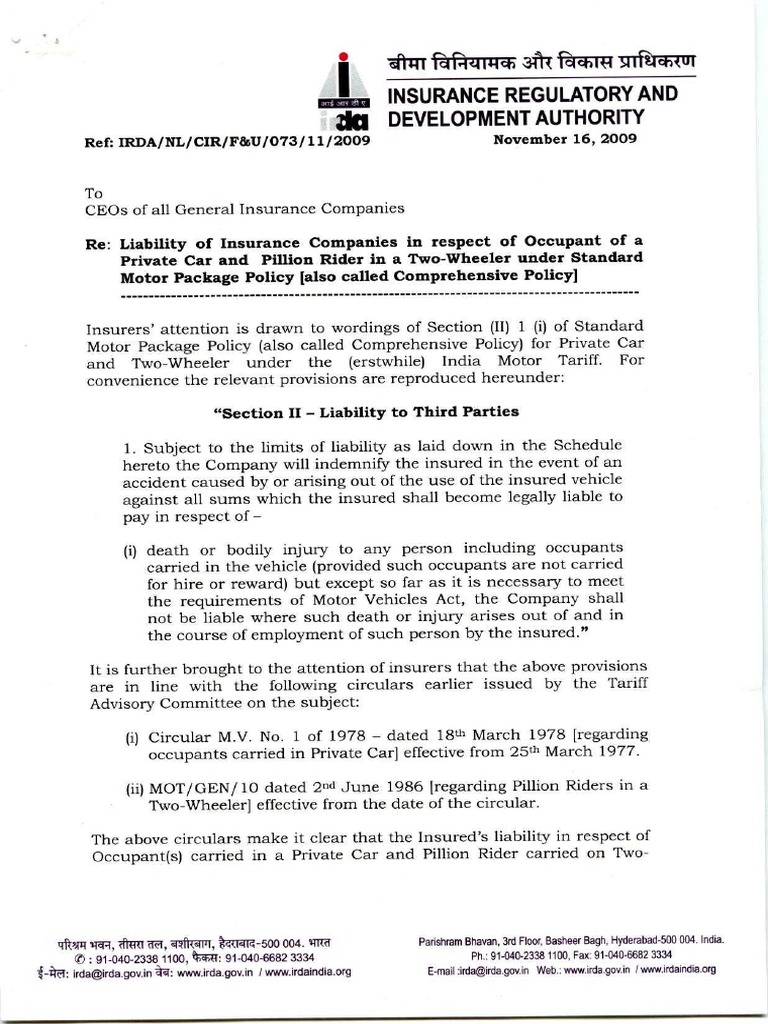 IRDA Circular On Section II of Motor Package Policy PDF