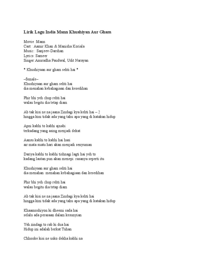 Lirik Lagu India Mann Khushiyan Aur Gham Pdf