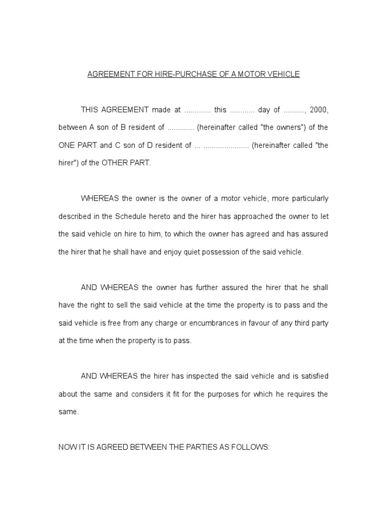Agreement For Hire-Purchase  PDF  Insurance  Arbitration Throughout car purchase agreement template