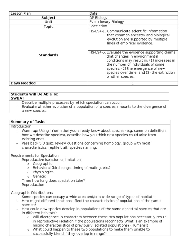 DP Biology - Speciation Lesson Plan | PDF | Species | Evolution