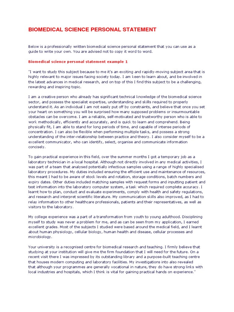 Biomedical Science Personal Statement | PDF | Expert | Laboratories