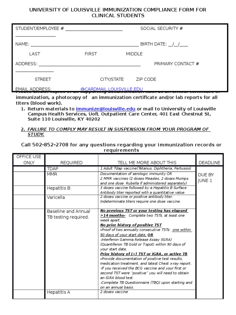 UofL Immunization Compliance Form | PDF