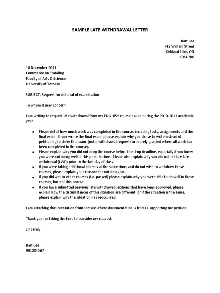 Sample Late Withdrawal Letter PDF