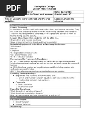 Direct and Inverse Varation Lesson Plan