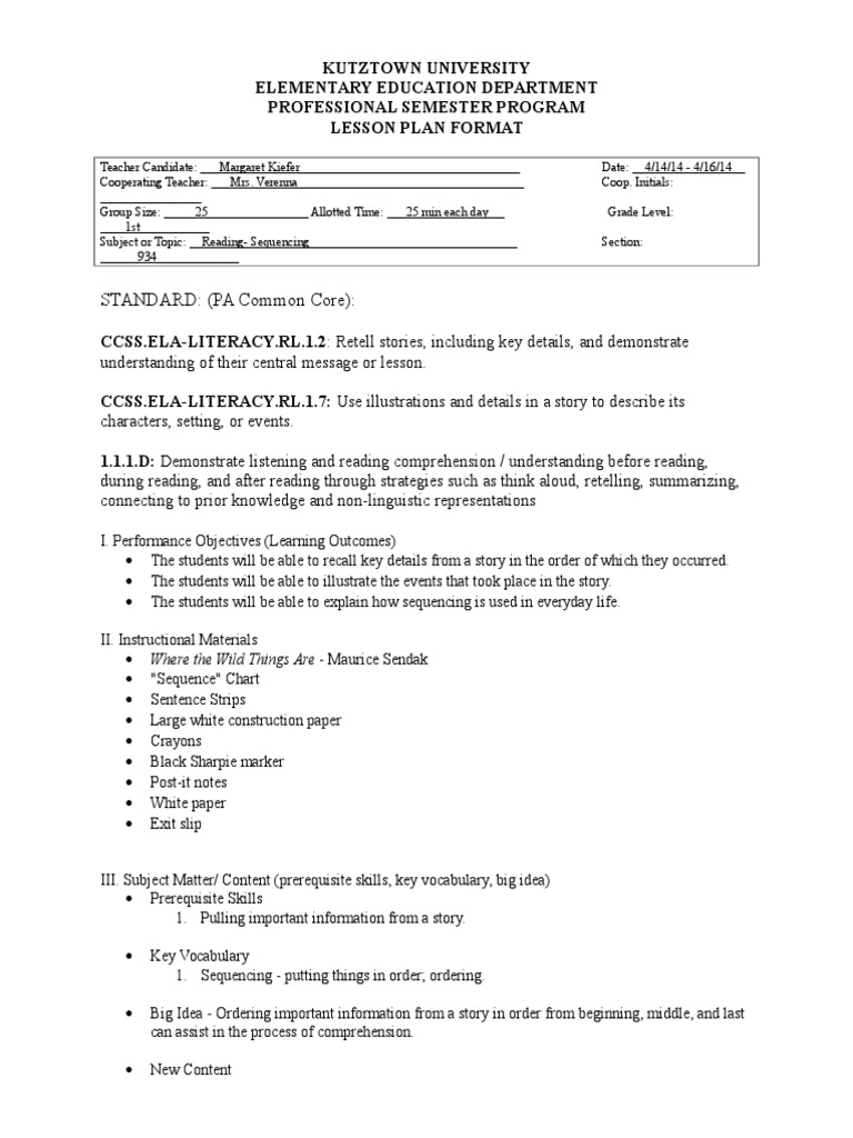 Reading Lesson Plan Sequencing Final | PDF | Reading Comprehension ...