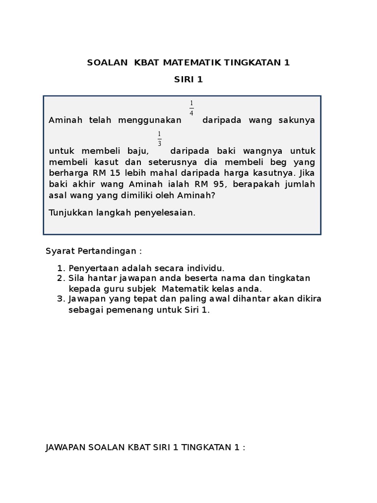 Soalan Kbat Matematik Tingkatan 1 Pdf