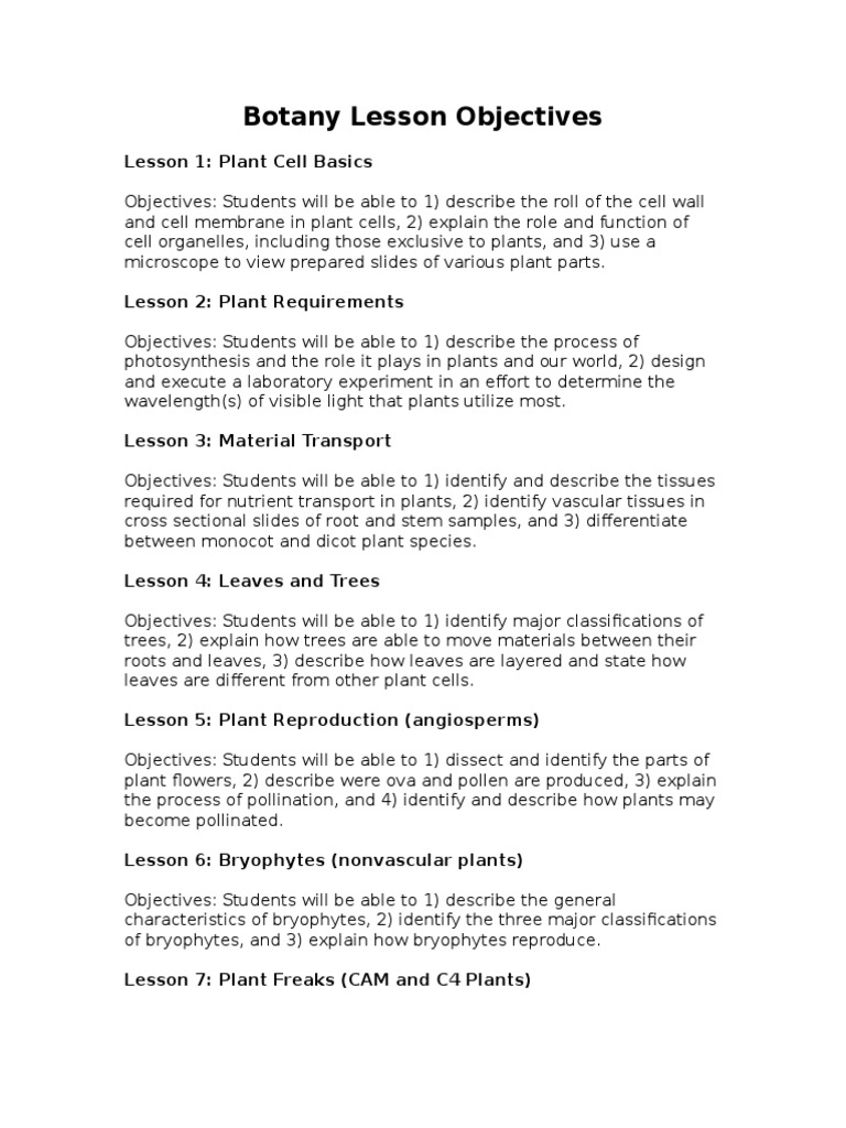 Plant Biology Lesson Objectives | PDF | Science & Mathematics