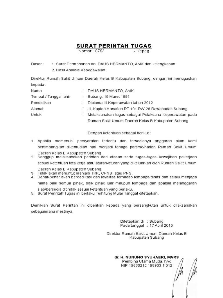 Surat Perintah Tugas Rsud Daus