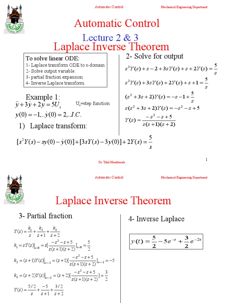 Automatic Control Laplace Inverse Theorem: Lecture 2 & 3 | PDF