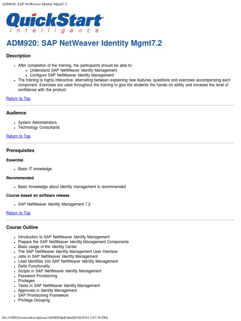 SAP NetWeaver IDM 7.2 Training Overview | PDF