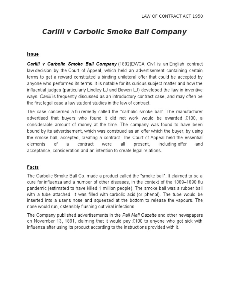 Carlill v Carbolic Smoke Ball Company Offer And Acceptance Contract Law