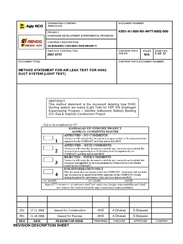 Method Statement for Air Leak Test for HVAC Duct System (Light Test