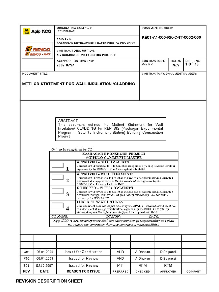 Method Statement For Wall Insulation, Cladding PDF Specification
