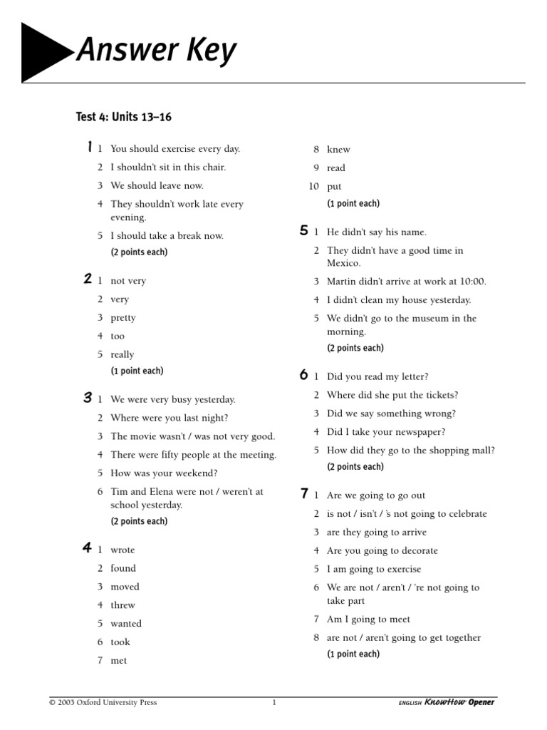 Answer Key: Test 4: Units 13-16 | PDF | Leisure