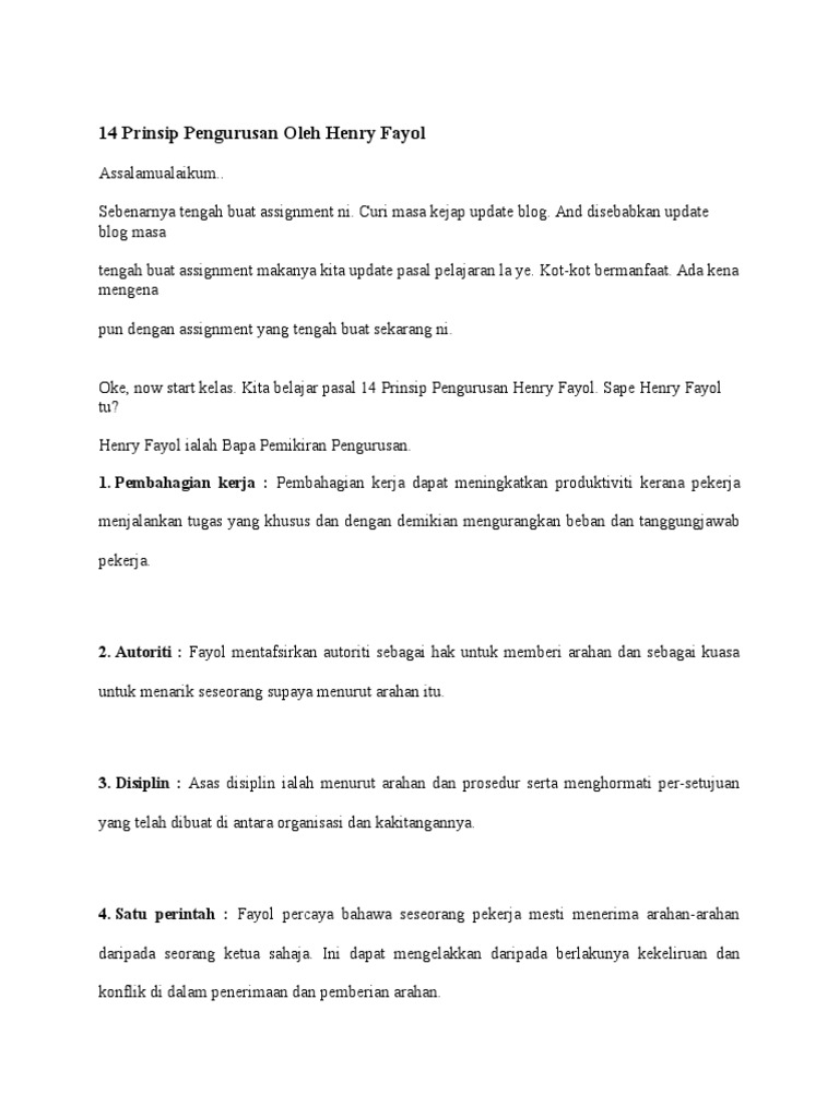 14 Prinsip Pengurusan Oleh Henry Fayol | PDF