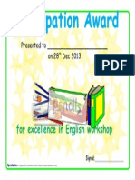 For Excellence in English Workshop: Presented To - On 28 Dec 2013