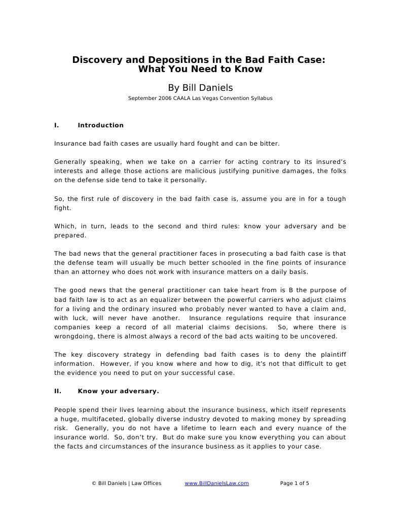 Discovery and Depositions in The Bad Faith Case | PDF | Deposition (Law ...
