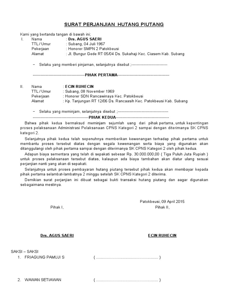 Contoh Surat Perjanjian Bayaran Hutang Malaysia Word