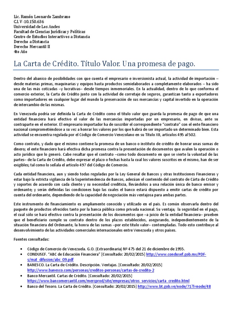 La Carta de Crédito  Carta de crédito  Bancos