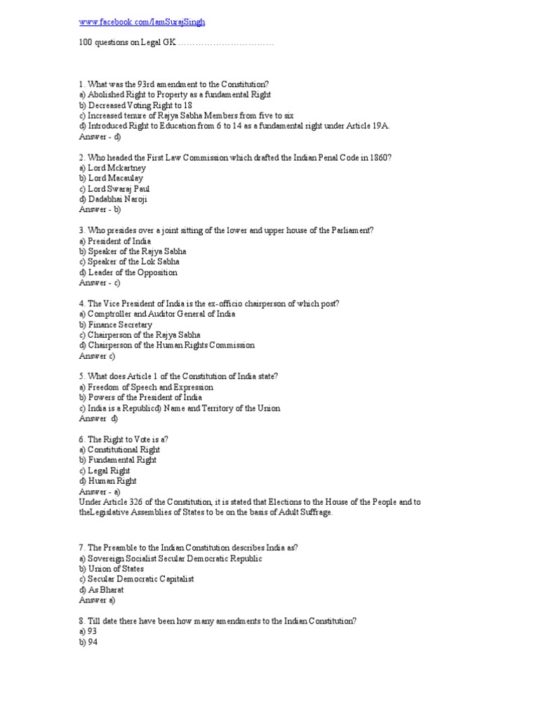100 Legal Gk Questions Part 1 Supreme Court Of India Politics