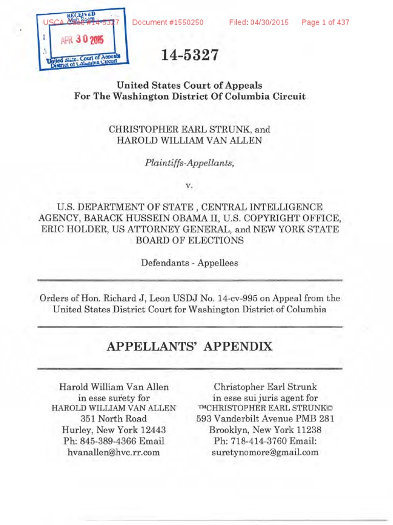 USCA DCC 14-5327 Strunk Et Al V DOS Et Al Appellant Brief Appendix | PDF |  Pleading | Complaint