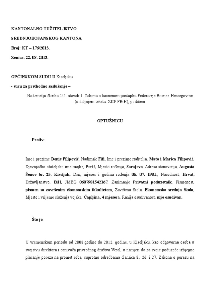 Optužnica Primjer | PDF