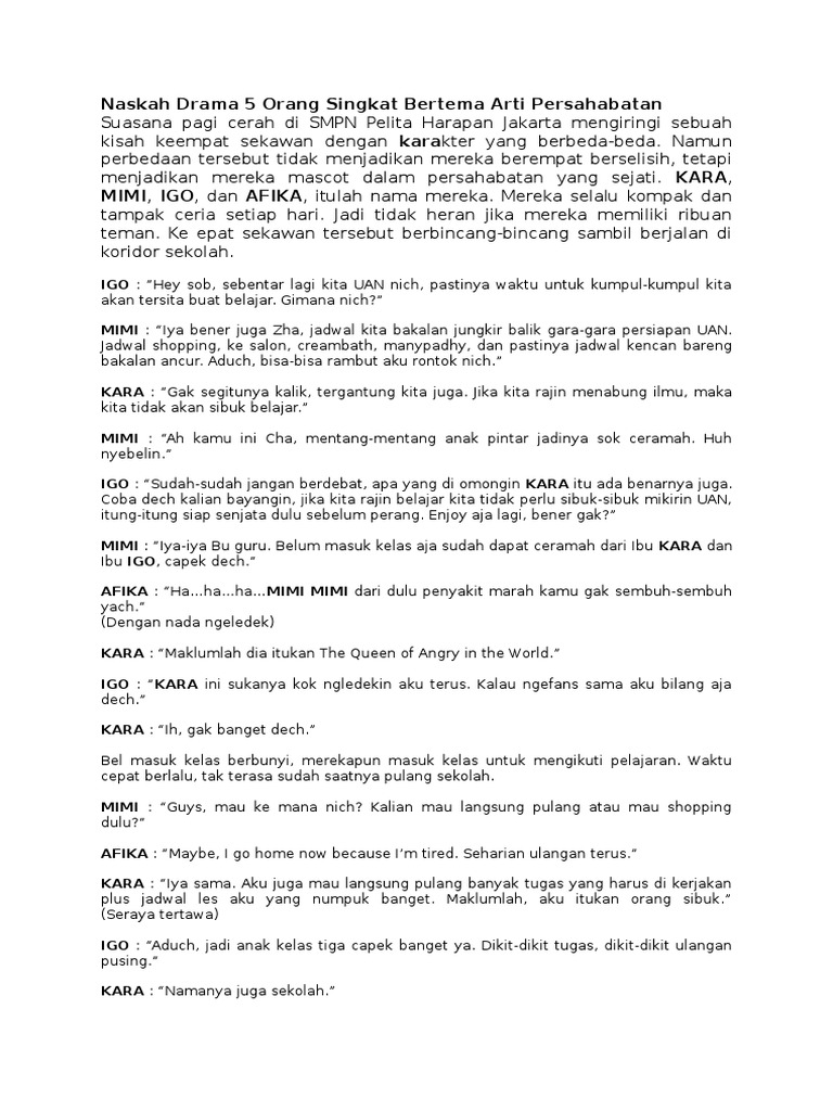 Naskah Drama 5 Orang Singkat Bertema Arti Persahabatan